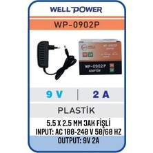 Well Power 9V 2A Adaptör 9 Volt 2 Amper  5.5 x 2.5 mm Jak Fişli Plastik Kasa Wellpower WP-0902P