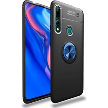 noktaks - Huawei Y9 Prime 2019 - Kılıf Yüzüklü Karbon Ravel Silikon Kapak - Siyah-Mavi