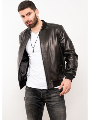 Deri Effect Erkek Siyah Hakiki Deri Basic Bomber Ceket Düz Desenli Normal Kesim
