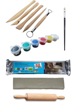 Oyun ve Sanat Oyun ve Sanat, Seramik Hamuru Başlangıç Seti 3, Seramik Hamuru 1kg, Ebeşuar 5'li, Merdane, Boya, Fırça