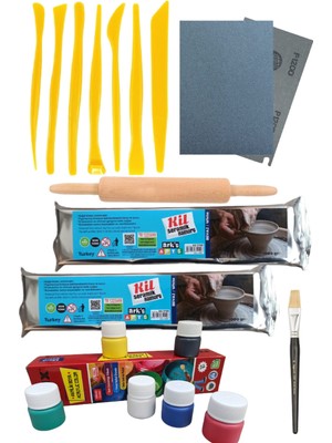 Oyun ve Sanat Oyun ve Sanat, Seramik Başlangıç Seti 8, Plastik Ebeşuar 7'li, Seramik Hamuru 1 kg 2'li, Zımpara, Merdane, Akrilik Boya 6'lı