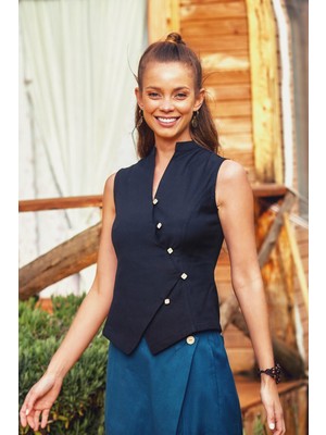 Los Banditos Hakim Yaka Çapraz Düğmeli Kolsuz Bluz