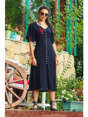 Los Banditos Yarasa Kollu Düğmeli V Yaka Bohem Elbise