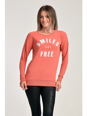 Cotton Candy Smiles Are Free Baskılı Sweat Mercan - Xs