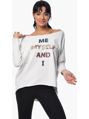 Cotton Candy Önü Pul Baskılı Sweatshirt - Krem Krem - S