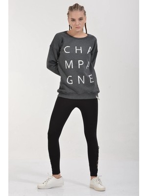 Cotton Candy Champagne Gümüş Baskılı Sweatshirt - Antrasit Antrasit - L