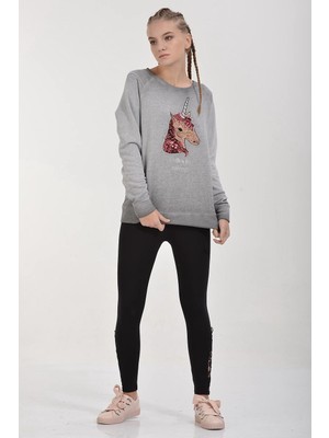 Cotton Candy Unicorn Pul Işlemeli Sweatshirt - Füme Füme - Xs