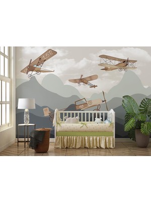 Özel Duvarlar Dağlar ve Kanatlı Uçaklar Çocuk Odası Duvar Kağıdı