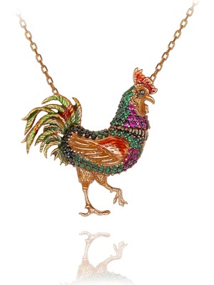 Renkli Taşlı Mineli Horoz Gümüş Kolye