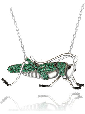 Yeşil Taşlı Çekirge Gümüş Kolye