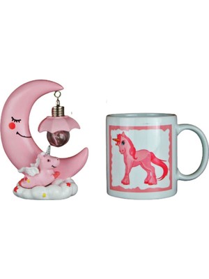 Hediyekanalı  Unicorn 2 Li Set Ay Tasarımlı Unicorn Lamba Unicorn Kupa