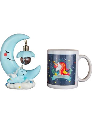 Hediyekanalı  Unicorn 2 Li Set Ay Tasarımlı Unicorn Lamba Unicorn Kupa