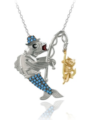 Oltayla Kedi Yakalayan Balık Gümüş Kolye