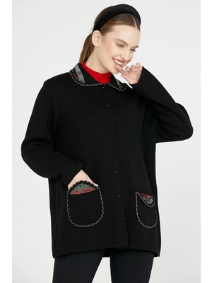 Sementa Bebe Yaka Nakışlı Kadın Triko Ceket - Siyah