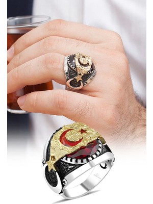 Alyansevim Ay Yıldız Kırmızı Taşlı 925 Gümüş Erkek Yüzük