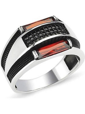 Alyansevim Kırmızı Taşlı Gümüş Erkek Yüzük