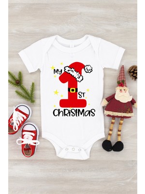 Limon Unisex Bebek Beyaz First Christmas Baskılı Kısa Kol Çıtçıtlı Body