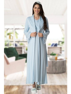 Mecit 5417 Mavi Uzun Sabahlıklı Lohusa Gecelik Takımı
