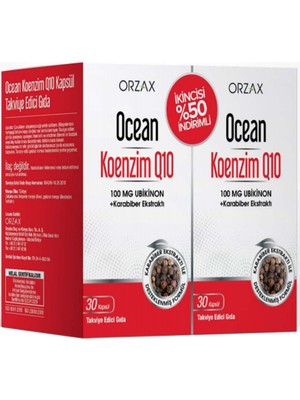 Orzax Ocean Koenzim Q10 30 Kapsül İkili Paket Takviye Edici Gıda Türkiye Menşeli Amber Renkli Cam Şişe