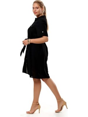 Fahrettin Moda Siyah Sahte Cep Detaylı Düğmeli Kısa Elbise
