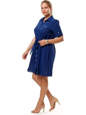 Fahrettin Moda Mavi Sahte Cep Detaylı Düğmeli Kısa Elbise