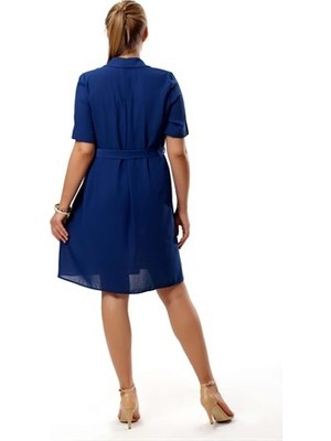 Fahrettin Moda Mavi Sahte Cep Detaylı Düğmeli Kısa Elbise