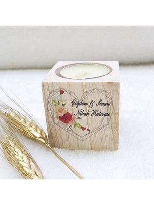 Hayaller Dükkanı 30 Adet Ahşap Mumluk Nikah Liği Uv Baskılı Kalp Desen 5x5