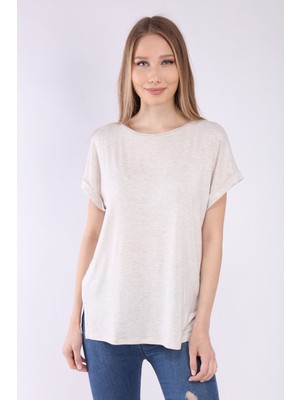 Neslice Kadın Bejmelanj Oversize Yaka T-Shirt