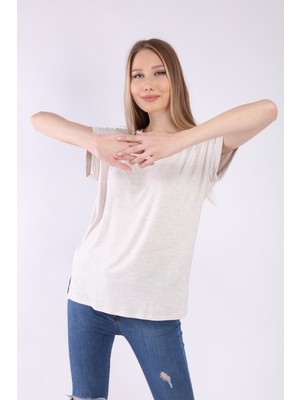 Neslice Kadın Bejmelanj Oversize Yaka T-Shirt