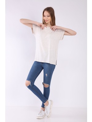 Neslice Kadın Bejmelanj Oversize Yaka T-Shirt