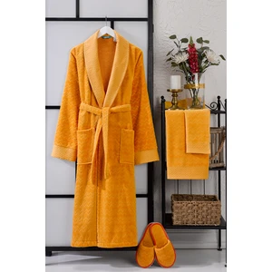 Vevien Home 4 Parça Ansaaj Hardal Kadife Jakarlı Bornoz Takımı