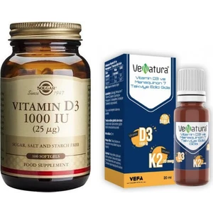 Vitamin D3 ve K2 Vitamini Takviye Edici Gıda 20 ml Damla + Solgar Vitamin D3 1000 Iu 100  Kapsül