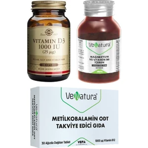 Magnezyum ve B6 Vitamini 60 TABLET+B12 Vitamini Metilkobalamin 30 T. +Solgar D3 Vitamini 100  Kapsül