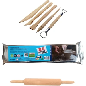 Oyun ve Sanat Oyun ve Sanat, Seramik Başlangıç Seti 2, Seramik Hamuru 1kg, Ahşap Ebeşuar Modelaj Kalemi 5'li, Ahşap Merdane