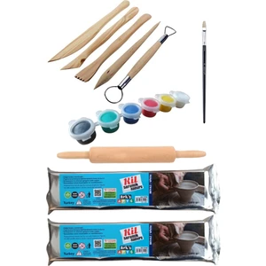 Oyun ve Sanat Oyun ve Sanat, Seramik Başlangıç Seti 7, Seramik Hamuru 1 kg 2'li, Ahşap Ebeşuar 5'li, Merdane, Boya, Fırça