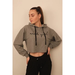 Kadın Gri Melanj Crop Sweatshirt