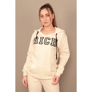 Kadın Baskılı Ekru Kapüşonlu Sweatshirt
