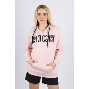 Kadın Baskılı Pudra Kapüşonlu Sweatshirt