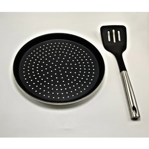 Granit Delikli Pizza Tepsisi - Metal Saplı Siyah Spatula