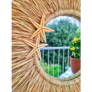 Woodda Dekoratif Aynalı Rafya Duvar Süsü Bohemian Style Deniz Yıldızı Detaylı 45 cm