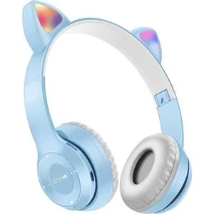 BLUPPLE P47m Kedili Katlanabilir Kulak Üstü Kablosuz Bluetooth 5.0 Kulaklık Ledli Genç Kız Açık Mavi 