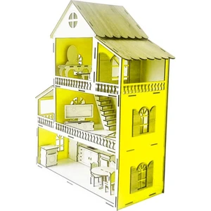 Woody Life Woodylife LED Işıklı Sarı Ev Çocuk Evcilik Oyuncak Montessori Barbi Ev