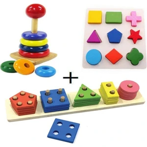 Ahşap Zeka Eğitici Oyuncak Geometrik Geçmeli Şekiller + Ahşap Tahta Bultak + Ahşap Kule Oyunu