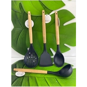 Morza Home Siyah Bambu Saplı Silikon Kepçe Kevgir Kaşık Spatula Set 4'lü 32.5cm AMH0223A