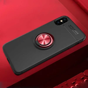 noktaks - Apple iPhone X - Kılıf Yüzüklü Karbon Ravel Silikon Kapak - Siyah-Kırmızı - T5549
