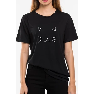 Kedi Baskılı Oversize Bisiklet Yaka Kadın Tişört