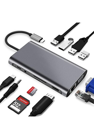 Daytona CF31 Macbook Uyumlu Type-C™ USB-C to 4* USB 3.0 4K 1080p HD HDMI VGA 1000 Mbps RJ45 Pd Aux Ses Sd Tf Kart 11IN1 Çevirici Hub Adaptör