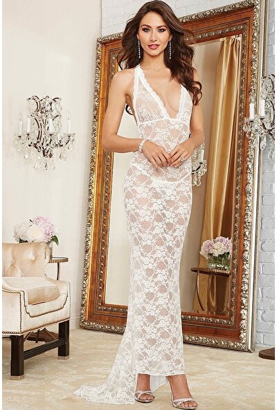 Zorlu Giyim Kadın Beyaz Gecelik Transparan Uzun Dantel Fantezi Giyim DBF-8100