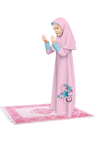 Oulabimir Kız Çocuk Namaz Elbisesi Çicek Basklı Kolu Manşetli ve Seccadeli Set