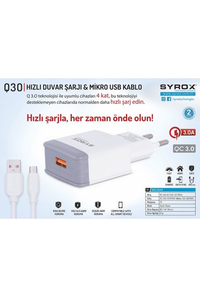 Syrox Huawei Mate 10 Uyumlu Mikro USB Hızlı Şarj Cihazı Seti Beyaz